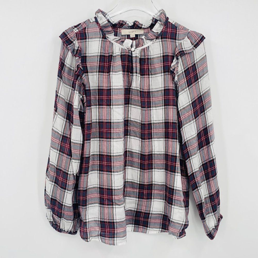 LOFT Size Small Gray & Red Plaid Ruffled Long Sleeve Popover Thin Top